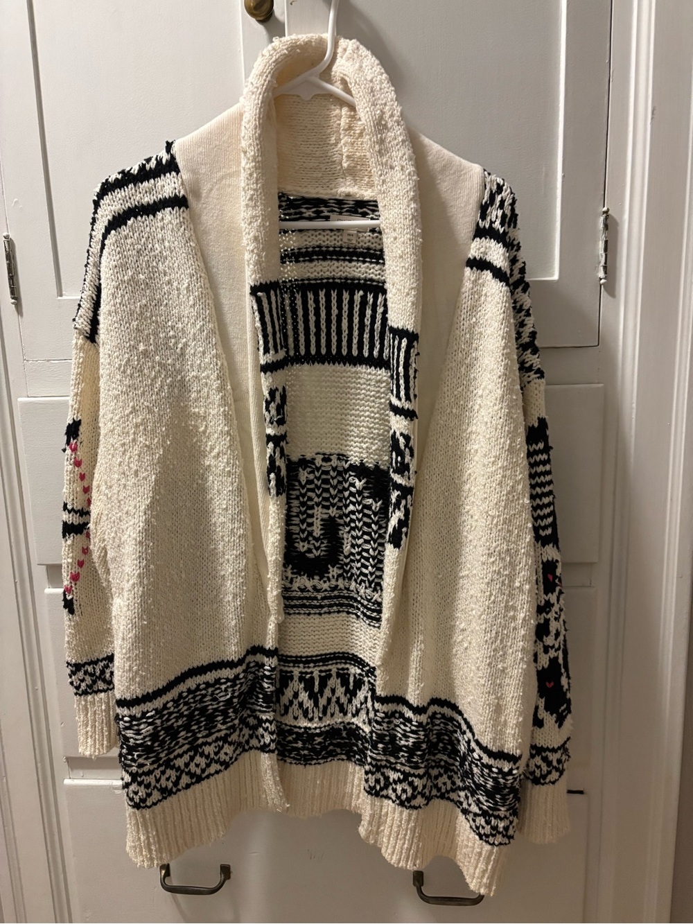 Pilcro Cream and Black Patterned Open-Front Cardigan